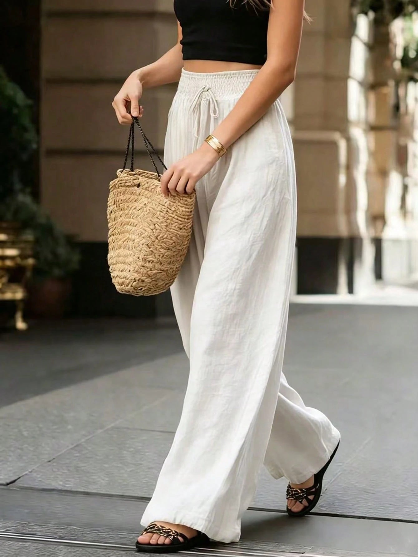 Breezaya Women Loose High-Waisted Wide-Leg Pants, Elegant White Chic Summer Vacation Holiday, Solid Color Versatile Casual Daily Wear Beach Trousers