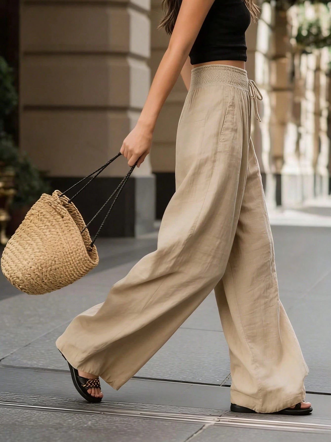 Breezaya Women Loose High-Waisted Wide-Leg Pants, Elegant White Chic Summer Vacation Holiday, Solid Color Versatile Casual Daily Wear Beach Trousers