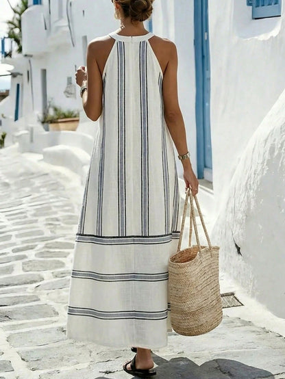 Breezaya Women's Blue And White Stripe Summer Casual Holiday Vacation Straight Maxi Dress,Sleeveless Round Neck Halter Backzip Elegant Holiday Beach Outfits