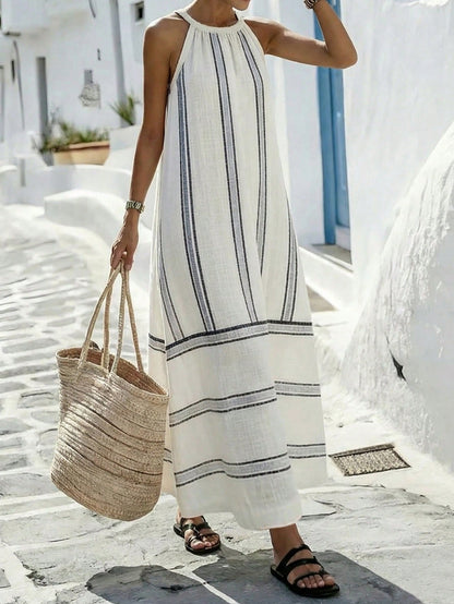 Breezaya Women's Blue And White Stripe Summer Casual Holiday Vacation Straight Maxi Dress,Sleeveless Round Neck Halter Backzip Elegant Holiday Beach Outfits