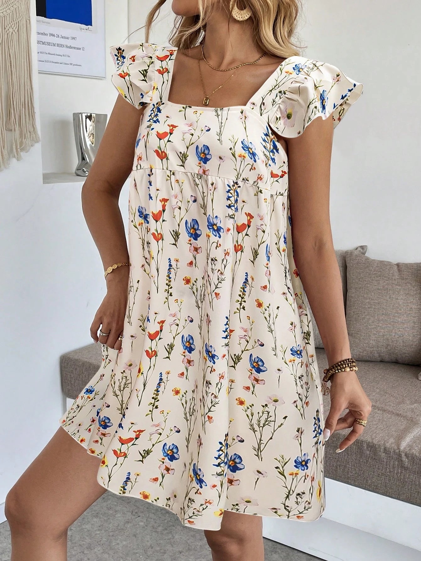 Breezaya Women's Floral Print Scoop Neck A-Line Short Dress, Casual Summer Holiday