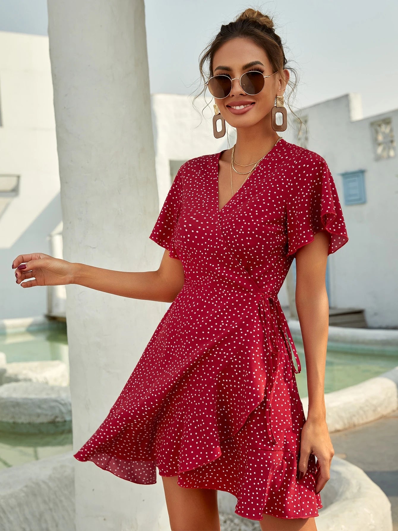 Breezaya Women's Polka Dot Ruffle Short Sleeve Dress