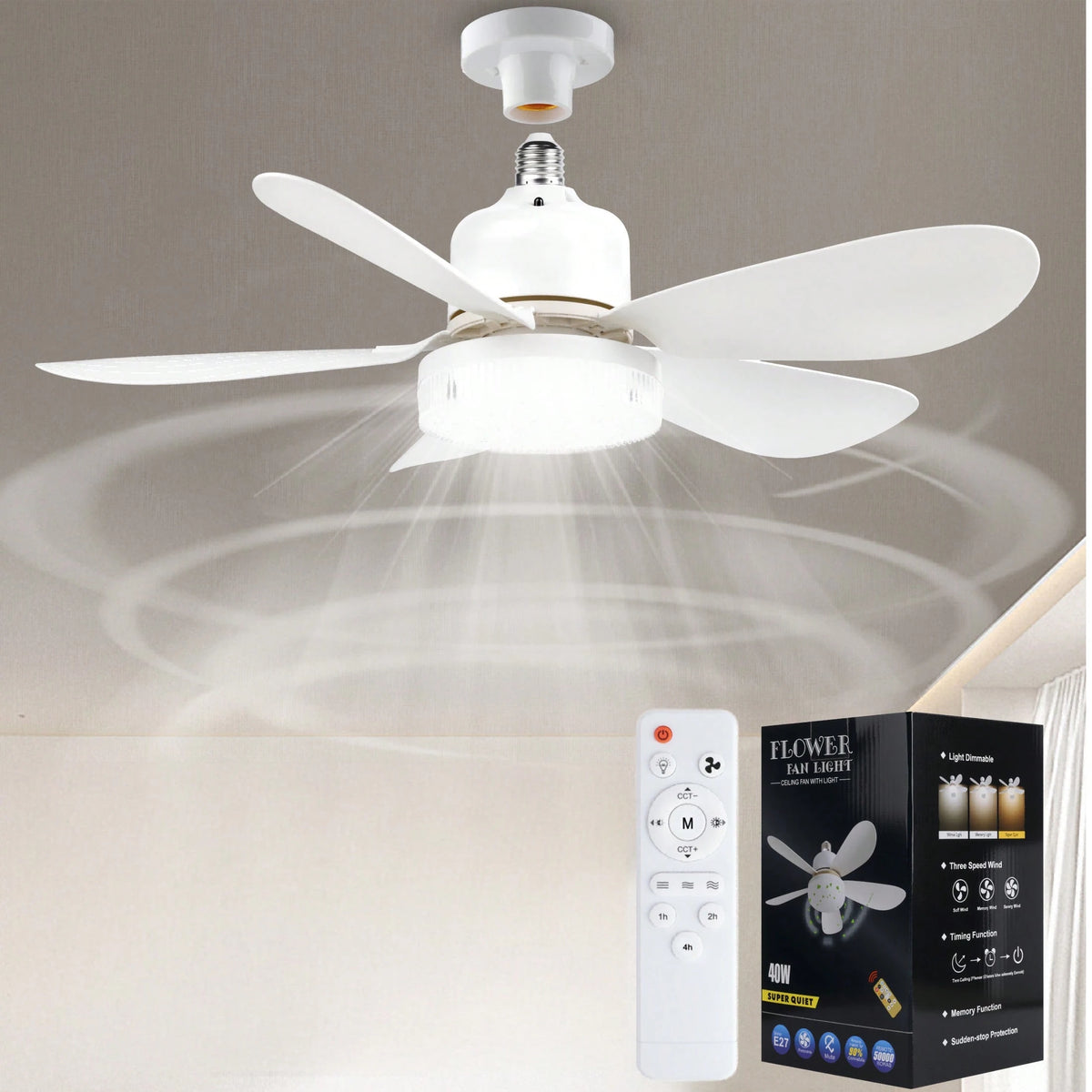 Breeze Socket Fan Light With Remote, Portable Small Ceiling Fans With Lights Dimmable For Bedroom, Kitchen, Living Room, 20.5" Ceiling Fan With 3000K-6500K/40W, Screws Into E26/E27
