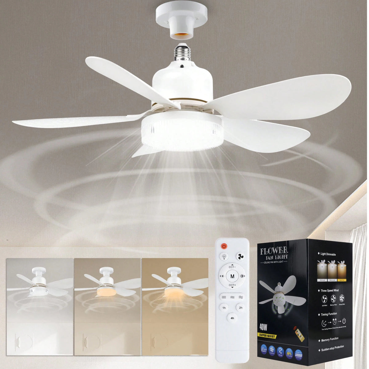 Breeze Socket Fan Light With Remote, Portable Small Ceiling Fans With Lights Dimmable For Bedroom, Kitchen, Living Room, 20.5" Ceiling Fan With 3000K-6500K/40W, Screws Into E26/E27