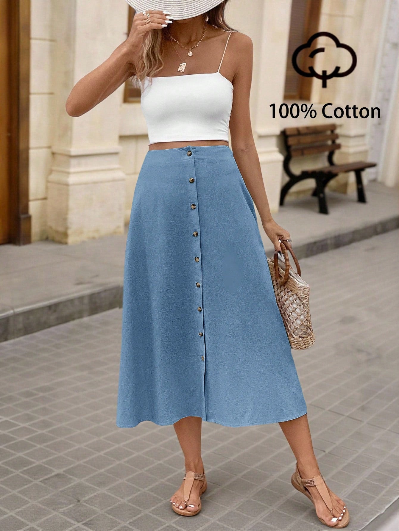 Brillora Women's Solid Color Single-Breasted Casual Vacation Midi Skirt
