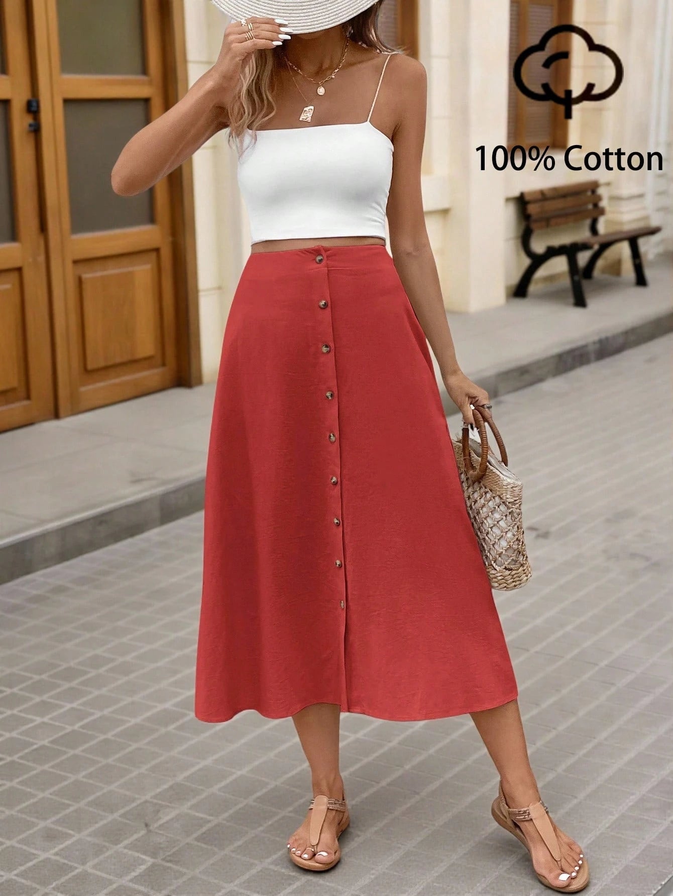 Brillora Women's Solid Color Single-Breasted Casual Vacation Midi Skirt