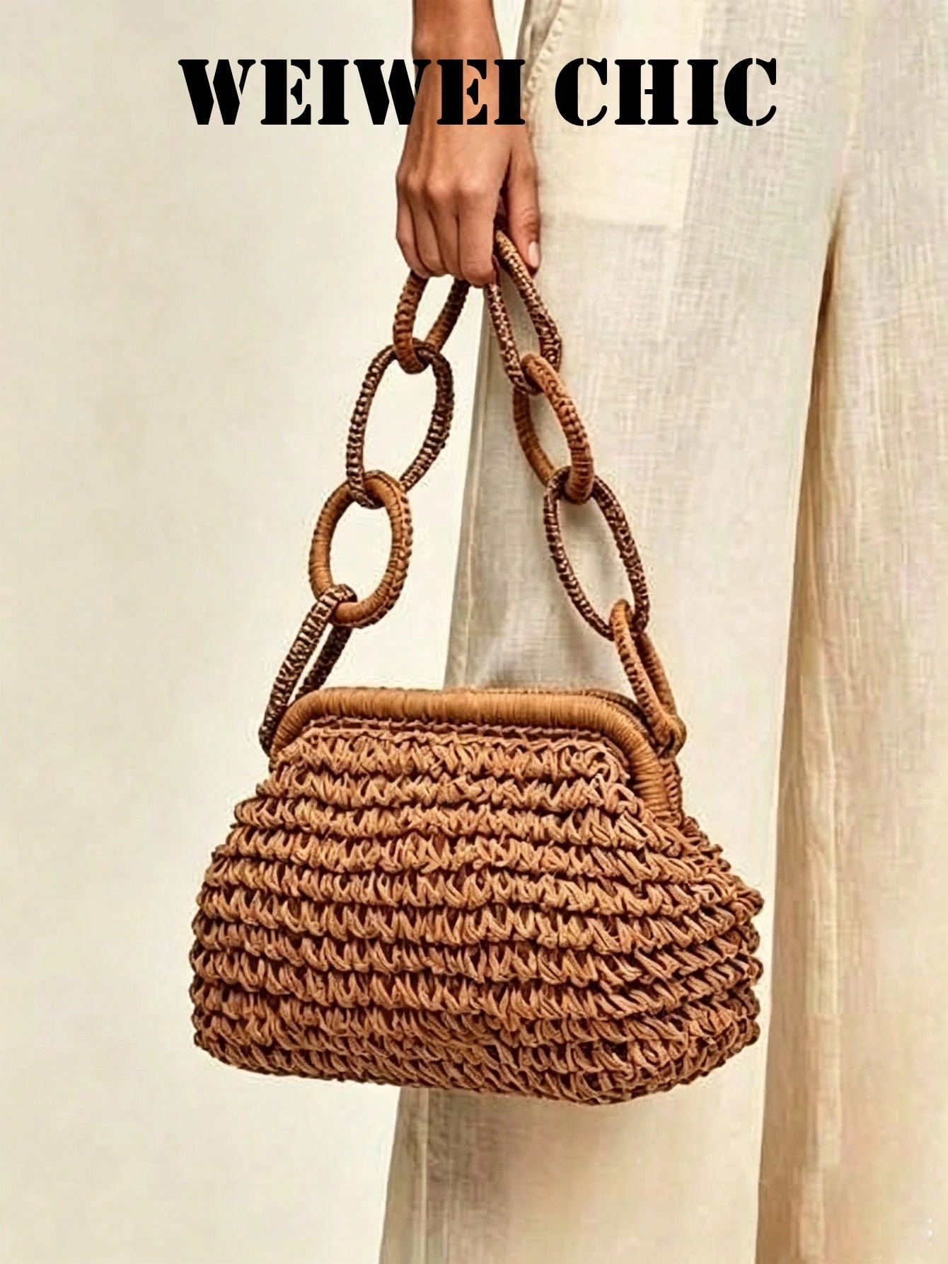 Brown Hollow Crochet Straw Frame HandBag, Interlocking Circular Ring Woven Chain Handle Clip Closure Handmade Woven Summer Beach Vacation Wedding