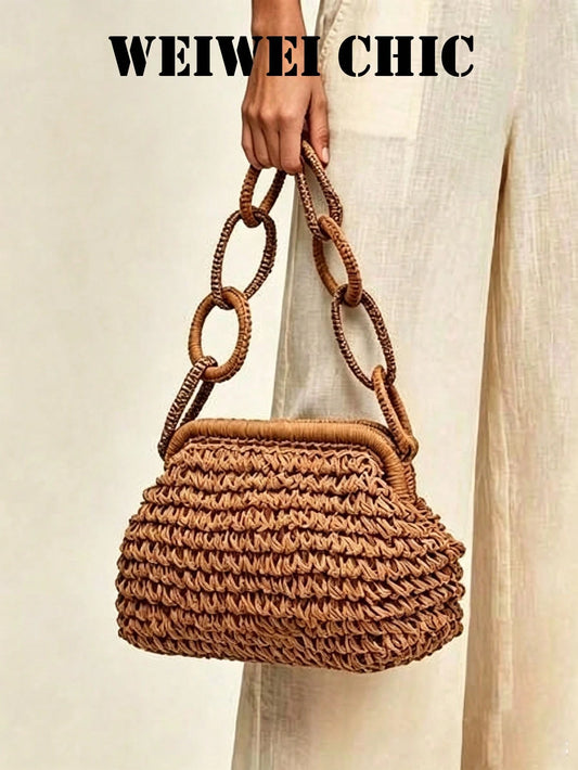 Brown Hollow Crochet Straw Frame HandBag, Interlocking Circular Ring Woven Chain Handle Clip Closure Handmade Woven Summer Beach Vacation Wedding