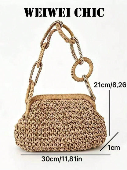 Brown Hollow Crochet Straw Frame HandBag, Interlocking Circular Ring Woven Chain Handle Clip Closure Handmade Woven Summer Beach Vacation Wedding