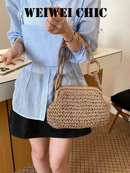 Brown Hollow Crochet Straw Frame HandBag, Interlocking Circular Ring Woven Chain Handle Clip Closure Handmade Woven Summer Beach Vacation Wedding