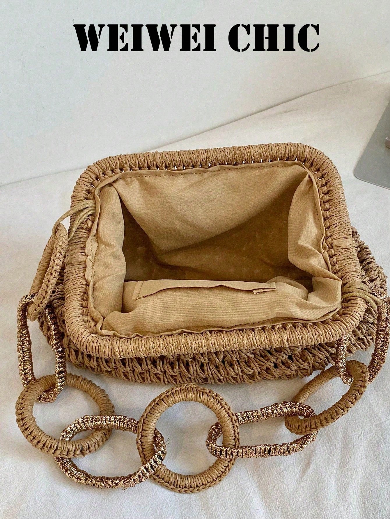Brown Hollow Crochet Straw Frame HandBag, Interlocking Circular Ring Woven Chain Handle Clip Closure Handmade Woven Summer Beach Vacation Wedding