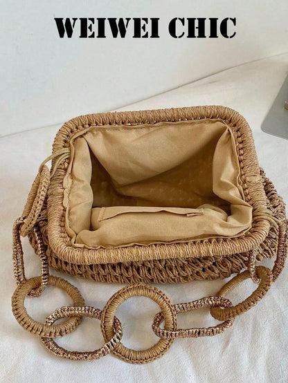 Brown Hollow Crochet Straw Frame HandBag, Interlocking Circular Ring Woven Chain Handle Clip Closure Handmade Woven Summer Beach Vacation Wedding