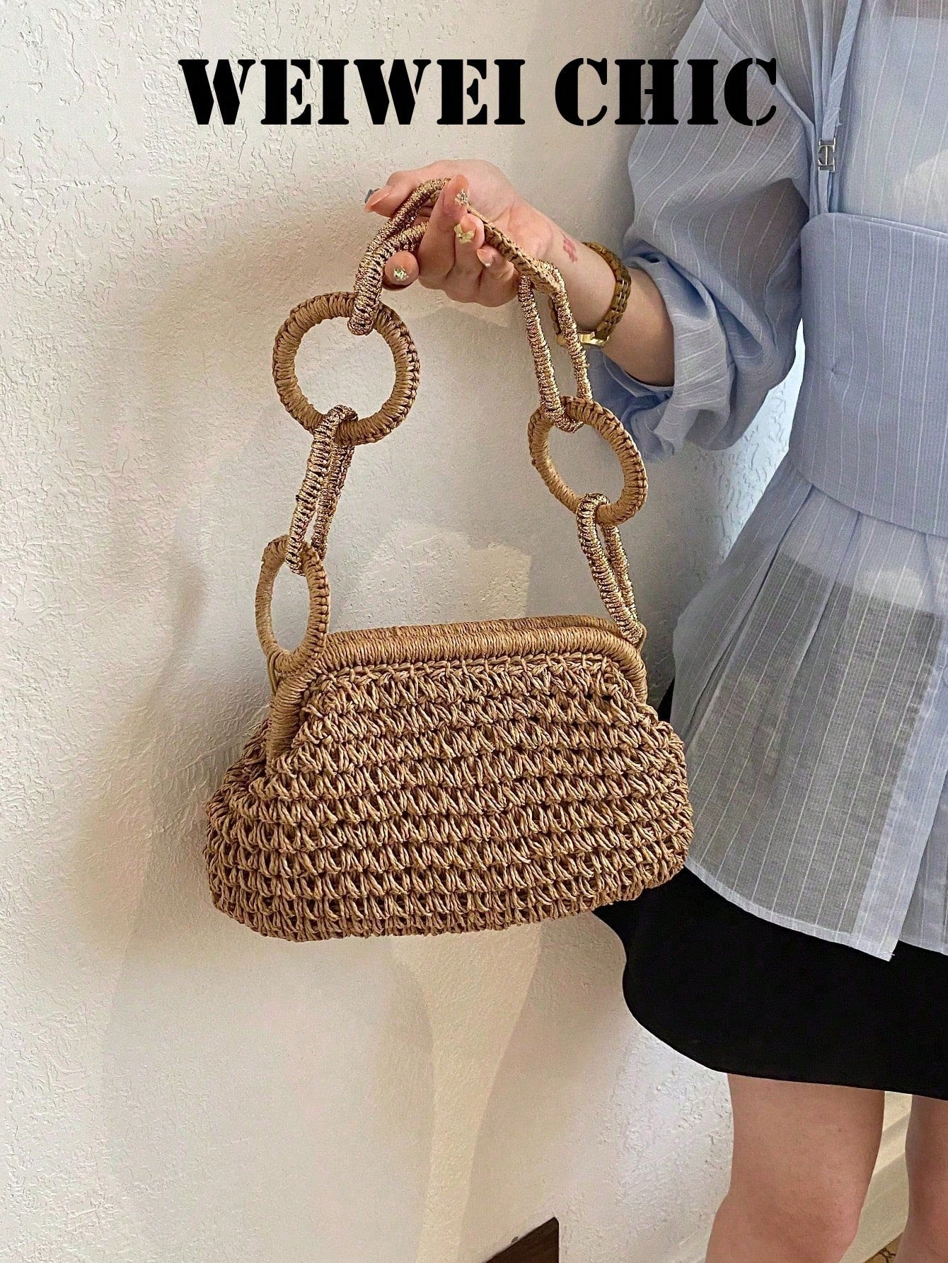 Brown Hollow Crochet Straw Frame HandBag, Interlocking Circular Ring Woven Chain Handle Clip Closure Handmade Woven Summer Beach Vacation Wedding