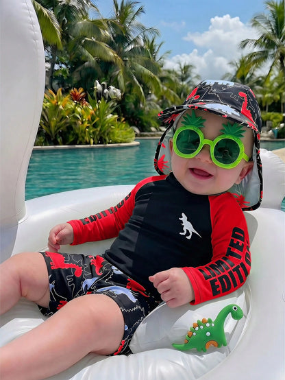 Bubblio 3pcs/Set Baby Boy Colorblock Neon Dinosaur Print Swimsuit Set With Rash Guard And Sun Hat, Suitable For Vacation, Beach, Swimming