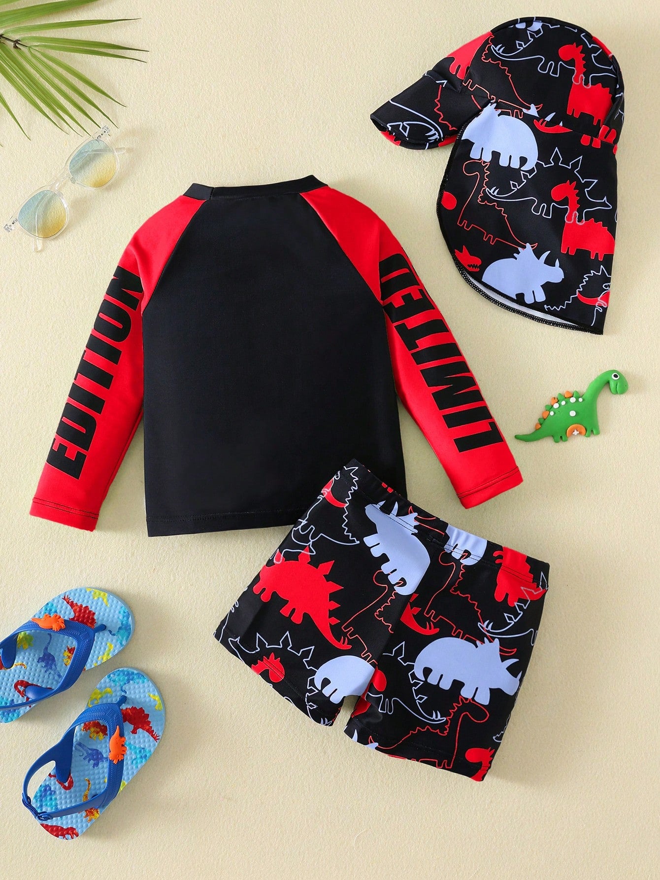 Bubblio 3pcs/Set Baby Boy Colorblock Neon Dinosaur Print Swimsuit Set With Rash Guard And Sun Hat, Suitable For Vacation, Beach, Swimming