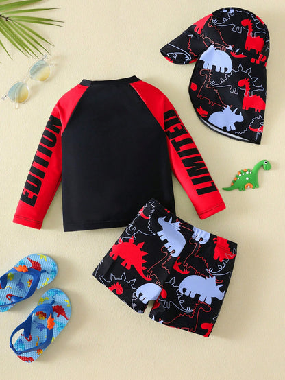 Bubblio 3pcs/Set Baby Boy Colorblock Neon Dinosaur Print Swimsuit Set With Rash Guard And Sun Hat, Suitable For Vacation, Beach, Swimming