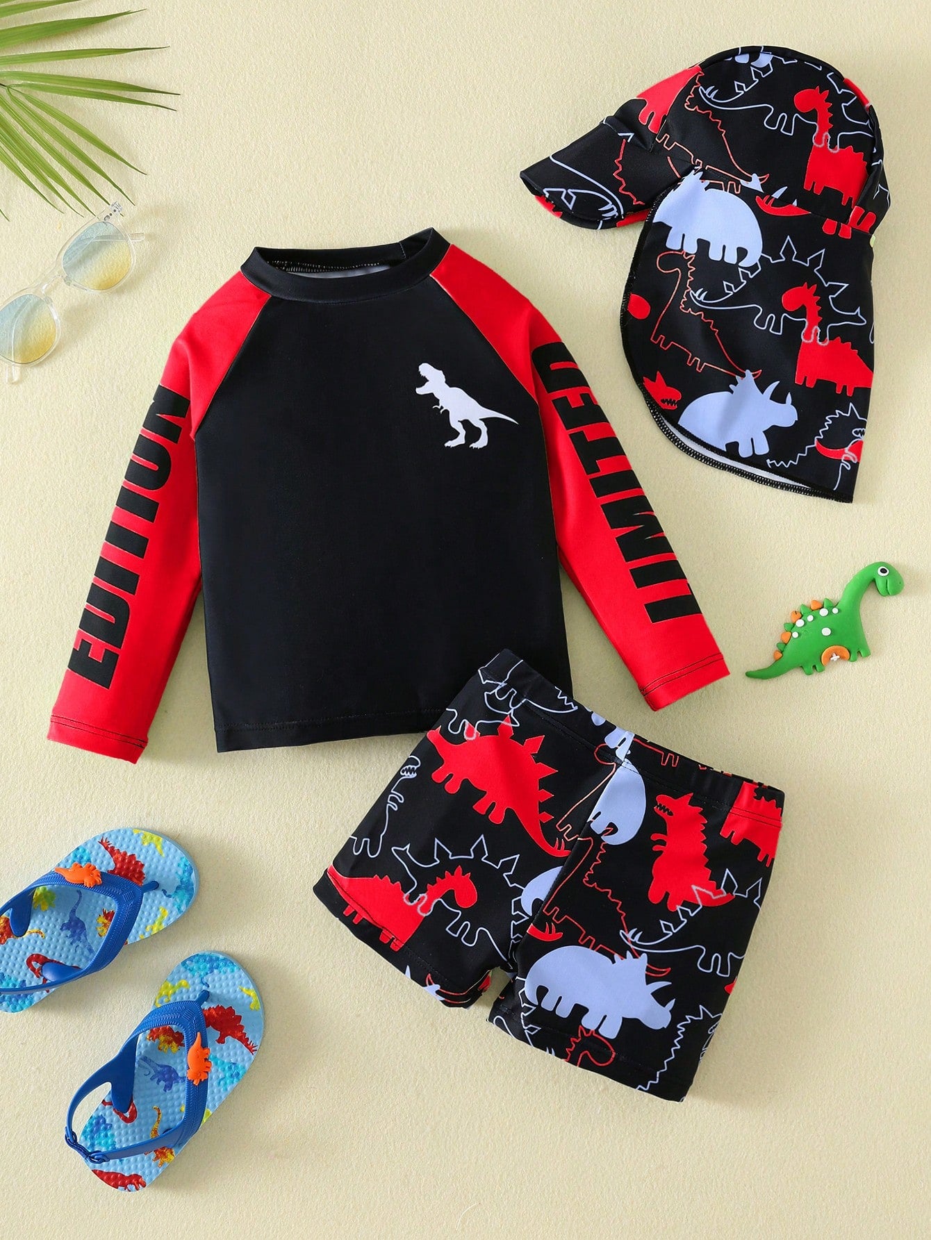 Bubblio 3pcs/Set Baby Boy Colorblock Neon Dinosaur Print Swimsuit Set With Rash Guard And Sun Hat, Suitable For Vacation, Beach, Swimming