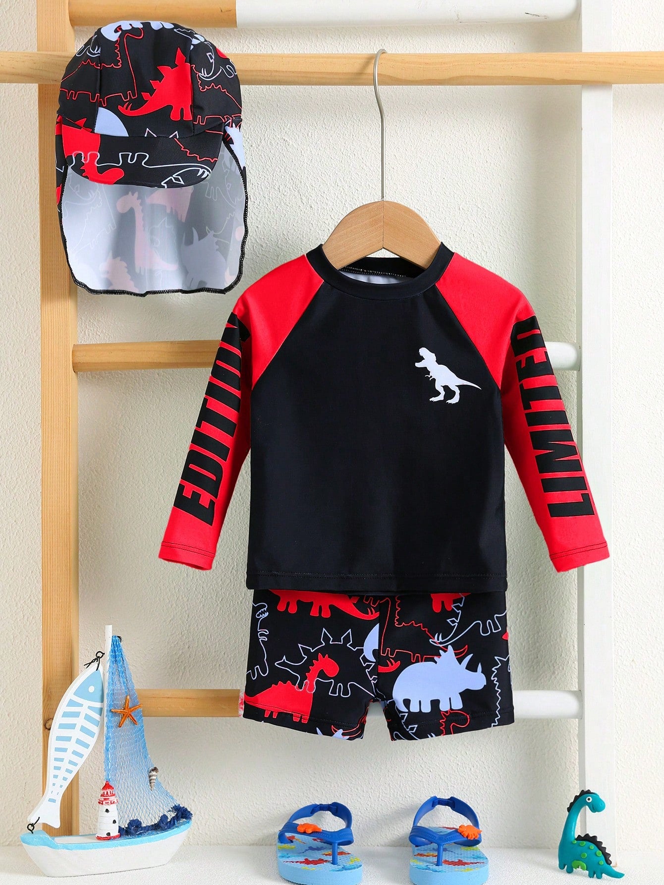 Bubblio 3pcs/Set Baby Boy Colorblock Neon Dinosaur Print Swimsuit Set With Rash Guard And Sun Hat, Suitable For Vacation, Beach, Swimming
