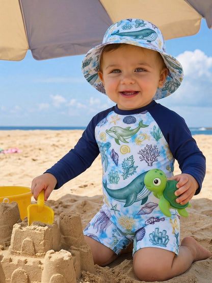 Bubblio Unisex Baby/Toddler Cute Sea Turtle Print Long Sleeve Rash Guard Swimsuit, Suitable For Beach, Resort, Swimming Pool