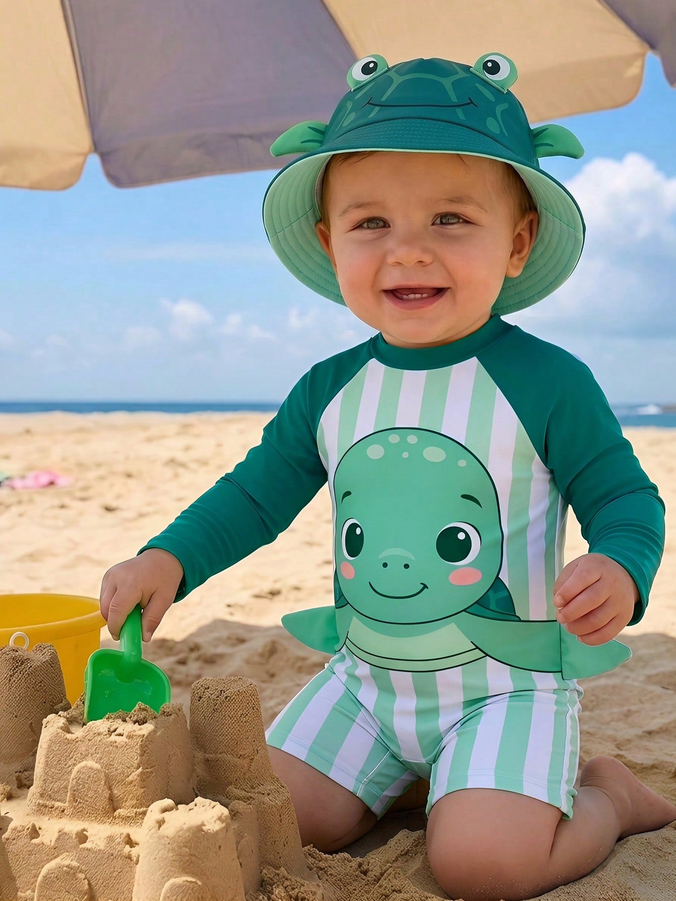 Bubblio Unisex Baby/Toddler Cute Sea Turtle Print Long Sleeve Rash Guard Swimsuit, Suitable For Beach, Resort, Swimming Pool
