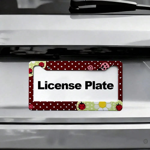 Burgundy Polka Dot Daisy Ladybug Cute Retro Pastoral Style License Plate Frame, Printed American Standard Car License Plate Frame, Car Modification Front And Rear License Plate Holder With Accessories