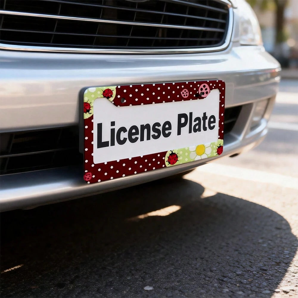 Burgundy Polka Dot Daisy Ladybug Cute Retro Pastoral Style License Plate Frame, Printed American Standard Car License Plate Frame, Car Modification Front And Rear License Plate Holder With Accessories