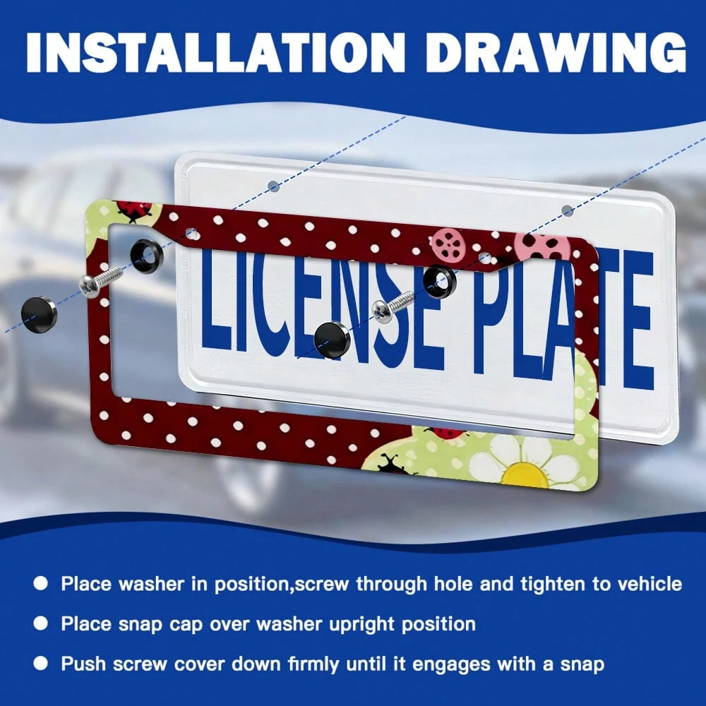 Burgundy Polka Dot Daisy Ladybug Cute Retro Pastoral Style License Plate Frame, Printed American Standard Car License Plate Frame, Car Modification Front And Rear License Plate Holder With Accessories