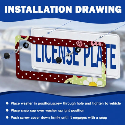 Burgundy Polka Dot Daisy Ladybug Cute Retro Pastoral Style License Plate Frame, Printed American Standard Car License Plate Frame, Car Modification Front And Rear License Plate Holder With Accessories