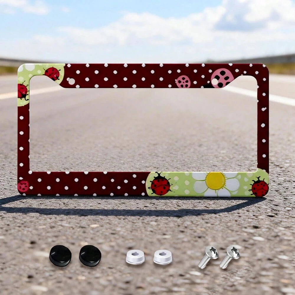 Burgundy Polka Dot Daisy Ladybug Cute Retro Pastoral Style License Plate Frame, Printed American Standard Car License Plate Frame, Car Modification Front And Rear License Plate Holder With Accessories
