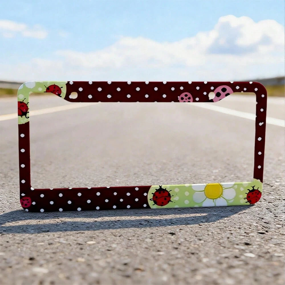 Burgundy Polka Dot Daisy Ladybug Cute Retro Pastoral Style License Plate Frame, Printed American Standard Car License Plate Frame, Car Modification Front And Rear License Plate Holder With Accessories