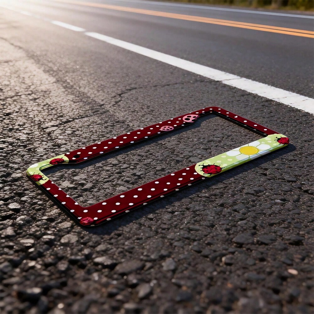 Burgundy Polka Dot Daisy Ladybug Cute Retro Pastoral Style License Plate Frame, Printed American Standard Car License Plate Frame, Car Modification Front And Rear License Plate Holder With Accessories