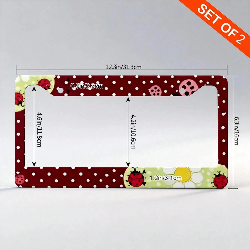Burgundy Polka Dot Daisy Ladybug Cute Retro Pastoral Style License Plate Frame, Printed American Standard Car License Plate Frame, Car Modification Front And Rear License Plate Holder With Accessories