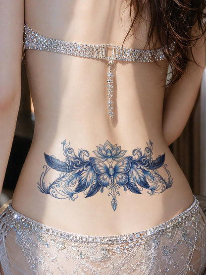 Butterfly Flower Temporary Tattoo Sticker For Women, Colorful Floral Butterfly Body Tattoo, Waterproof Fake Tattoo Decal, Sexy Lower Back Tattoo Design, Festival Party Makeup Accessory, Beauty Body Ar