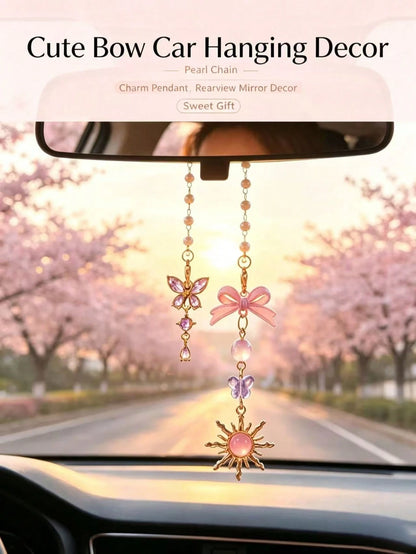 Butterfly Sunflower Car Rearview Mirror Hanging Ornament, Pearl Beaded Bow Car Hanging Decor, Atmospheric Car Interior Pendant, Crystal Butterfly Car Hanging, Bow Pearl Chain, Gentle Style Car Rearvie