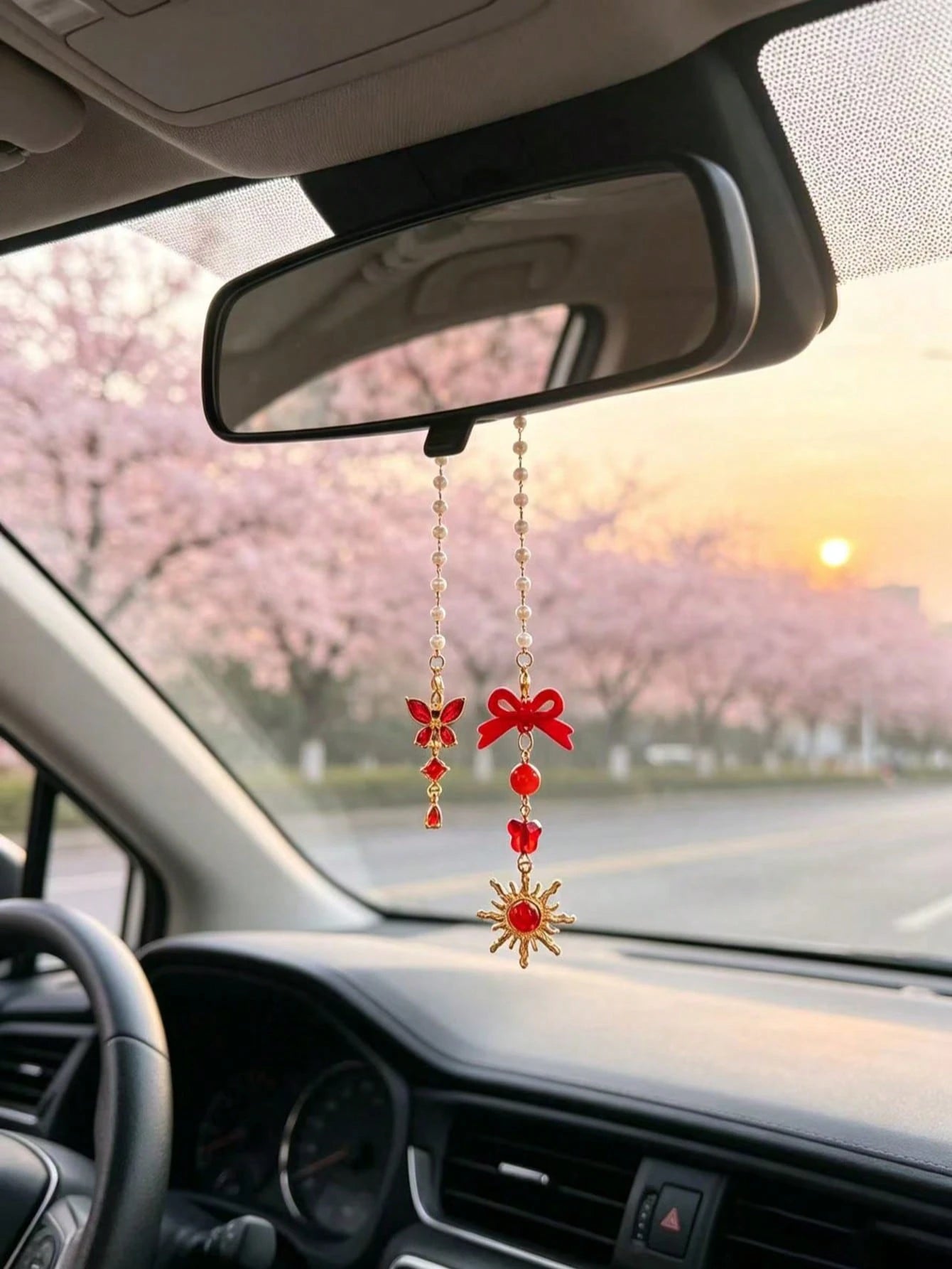 Butterfly Sunflower Car Rearview Mirror Hanging Ornament, Pearl Beaded Bow Car Hanging Decor, Atmospheric Car Interior Pendant, Crystal Butterfly Car Hanging, Bow Pearl Chain, Gentle Style Car Rearvie