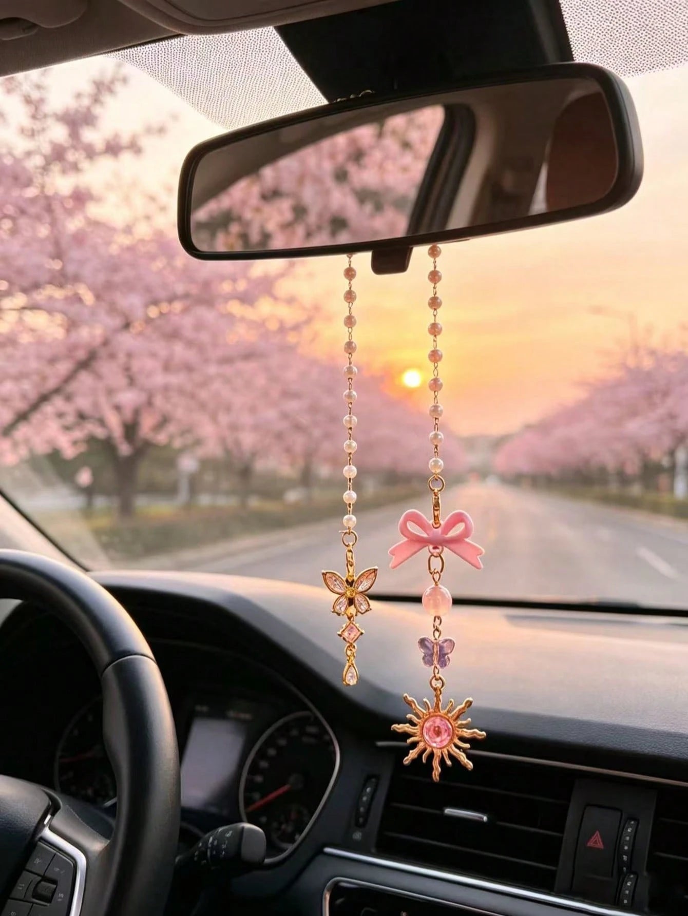 Butterfly Sunflower Car Rearview Mirror Hanging Ornament, Pearl Beaded Bow Car Hanging Decor, Atmospheric Car Interior Pendant, Crystal Butterfly Car Hanging, Bow Pearl Chain, Gentle Style Car Rearvie