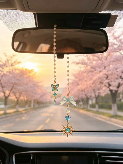 Butterfly Sunflower Car Rearview Mirror Hanging Ornament, Pearl Beaded Bow Car Hanging Decor, Atmospheric Car Interior Pendant, Crystal Butterfly Car Hanging, Bow Pearl Chain, Gentle Style Car Rearvie