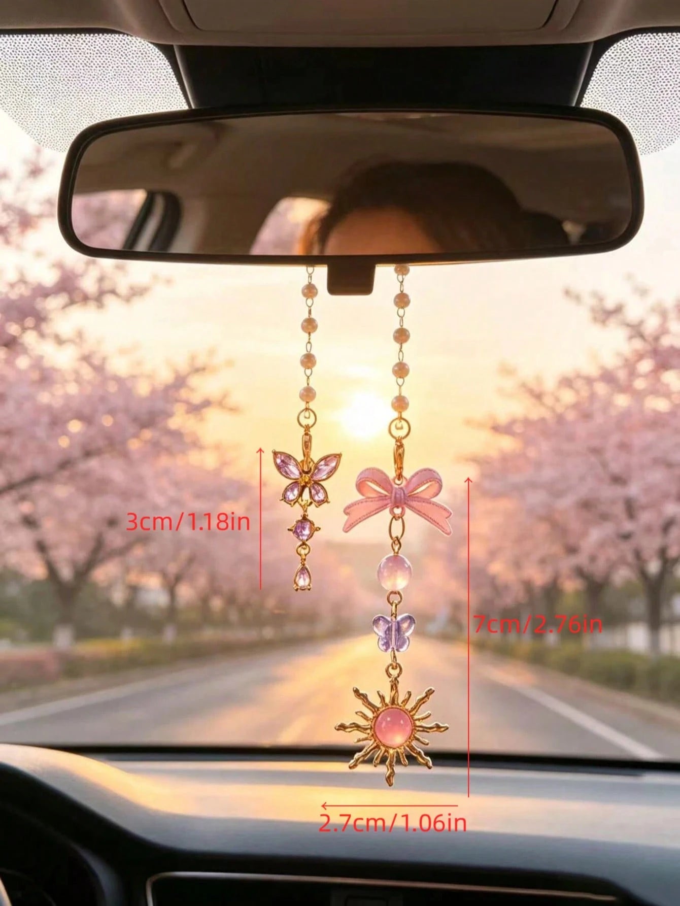 Butterfly Sunflower Car Rearview Mirror Hanging Ornament, Pearl Beaded Bow Car Hanging Decor, Atmospheric Car Interior Pendant, Crystal Butterfly Car Hanging, Bow Pearl Chain, Gentle Style Car Rearvie