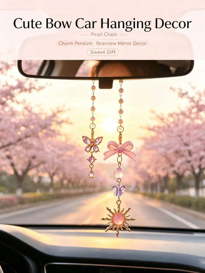 Butterfly Sunflower Car Rearview Mirror Hanging Ornament, Pearl Beaded Bow Car Hanging Decor, Atmospheric Car Interior Pendant, Crystal Butterfly Car Hanging, Bow Pearl Chain, Gentle Style Car Rearvie