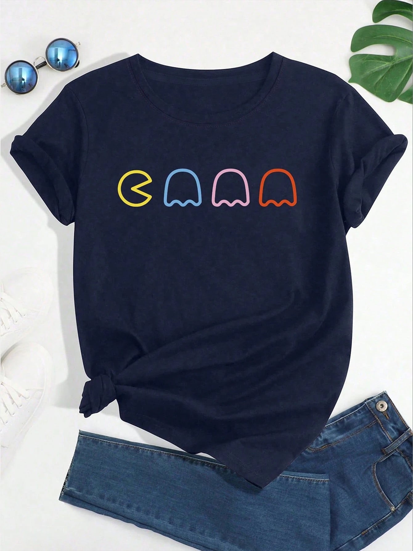Calvaya Plus Size Women Casual Geometric Printed Round Neck Short Sleeve T-Shirt For Summer Graphic Tees Women Tops