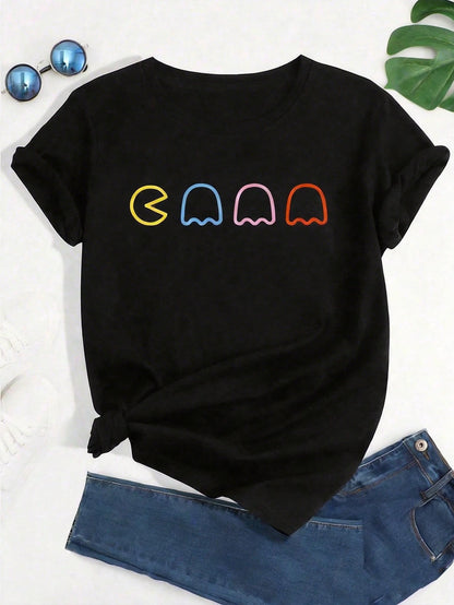 Calvaya Plus Size Women Casual Geometric Printed Round Neck Short Sleeve T-Shirt For Summer Graphic Tees Women Tops