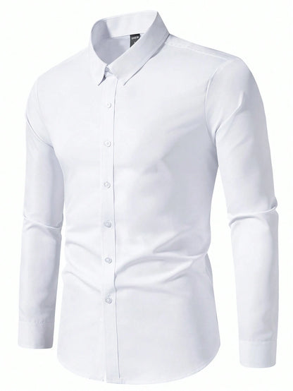 Calvornis Men's Solid Color Plain Button Open Long Sleeve Formal Shirt, For Husband, Work, Fall, Old Money Style, Ceremony