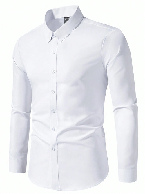 Calvornis Men's Solid Color Plain Button Open Long Sleeve Formal Shirt, For Husband, Work, Fall, Old Money Style, Ceremony