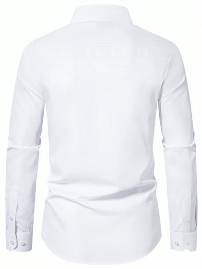 Calvornis Men's Solid Color Plain Button Open Long Sleeve Formal Shirt, For Husband, Work, Fall, Old Money Style, Ceremony