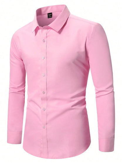 Calvornis Men's Solid Color Plain Button Open Long Sleeve Formal Shirt, For Husband, Work, Fall, Old Money Style, Ceremony