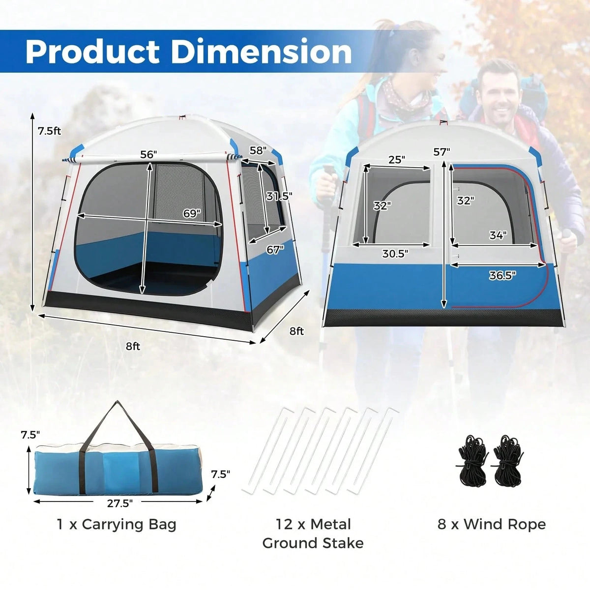 Camping Tent For 3-5 People, Portable Cabin Shelter W/Large Double-Layer Mesh Front Door
