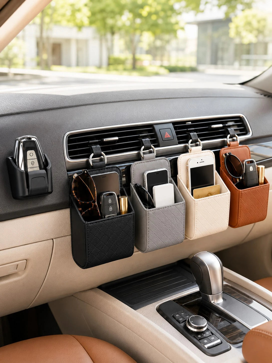 Car Air Vent Storage Box PU Leather Hanging Storage Bag Phone Glasses Keys Coins Cards Organizer Universal Car Interior Accessory Suitable For Sedan SUV Truck