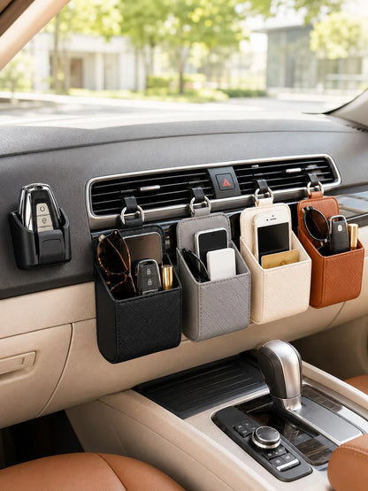 Car Air Vent Storage Box PU Leather Hanging Storage Bag Phone Glasses Keys Coins Cards Organizer Universal Car Interior Accessory Suitable For Sedan SUV Truck