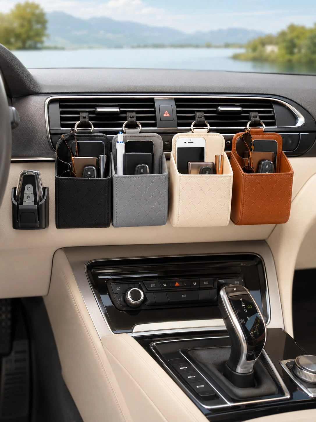 Car Air Vent Storage Box PU Leather Hanging Storage Bag Phone Glasses Keys Coins Cards Organizer Universal Car Interior Accessory Suitable For Sedan SUV Truck