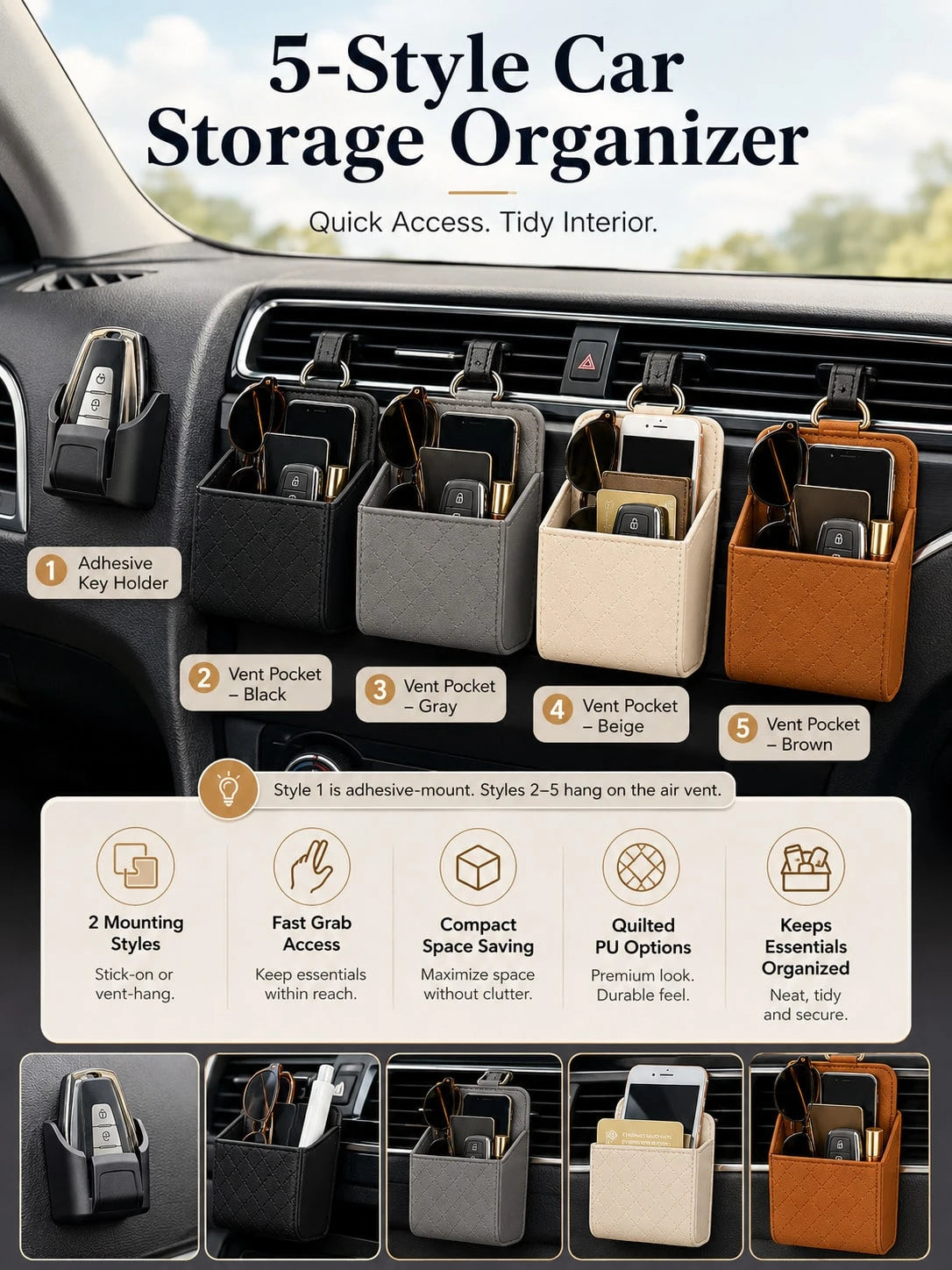 Car Air Vent Storage Box PU Leather Hanging Storage Bag Phone Glasses Keys Coins Cards Organizer Universal Car Interior Accessory Suitable For Sedan SUV Truck
